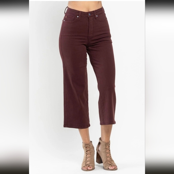 Judy Blue tummy control garment-dyed high-rise wide-leg crop jeans oxblood sz 29 - Picture 3 of 16